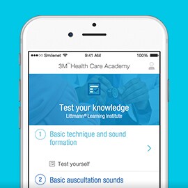 Smart phone screen showing the self-test section of the Littmann Learning Institute app.